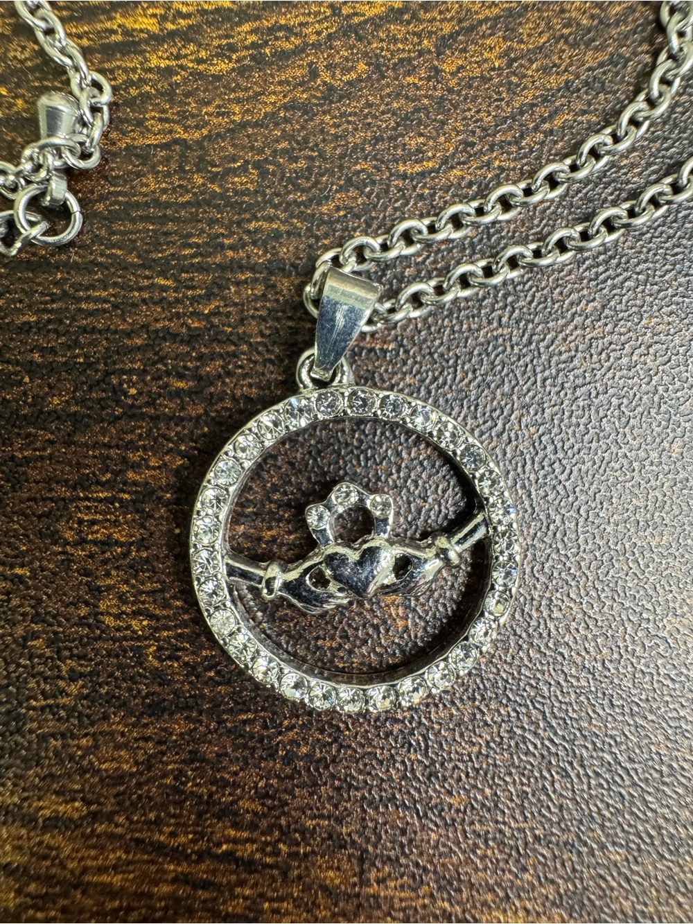 Silver-Tone Claddagh Pendant Necklace with Clear Crystal Circle
